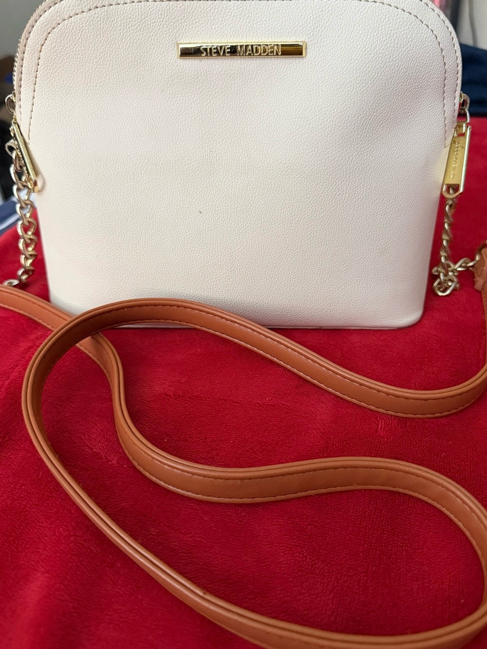 Steve Madden Cream Crossbody with Tan Strap and Gold Hardware